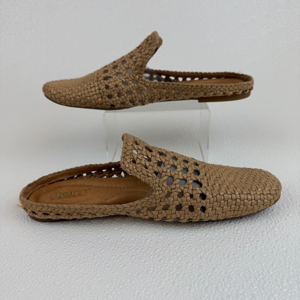 Born Woven Mule Slides Tan Leather Gold Shimmer Comfort Shoes Size 7M - Picture 3 of 8